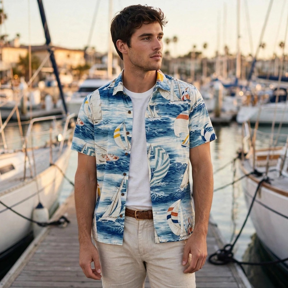 Polo Ralph Lauren Mens Classic Fit‎ Sailboat Nautical Print Button Up Shirt Blue